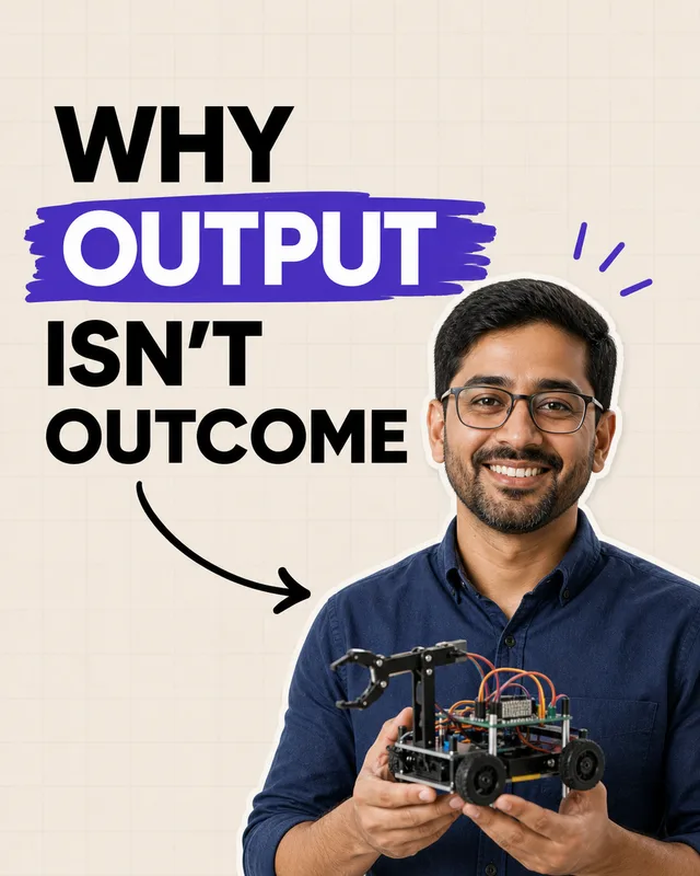 LinkedIn graphic reading “WHY OUTPUT ISN'T OUTCOME” over a smiling man holding a DIY robotic rover project
