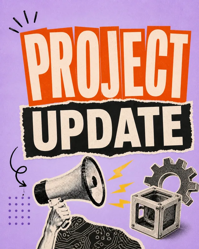 LinkedIn graphic reading “PROJECT UPDATE” over a halftone hand holding a megaphone alongside a mechanical gear and box