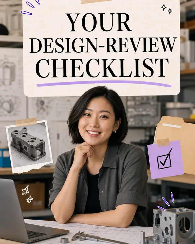 LinkedIn graphic reading “YOUR DESIGN-REVIEW CHECKLIST” over a smiling female engineer sitting at a workshop desk with technical drawings and metal parts