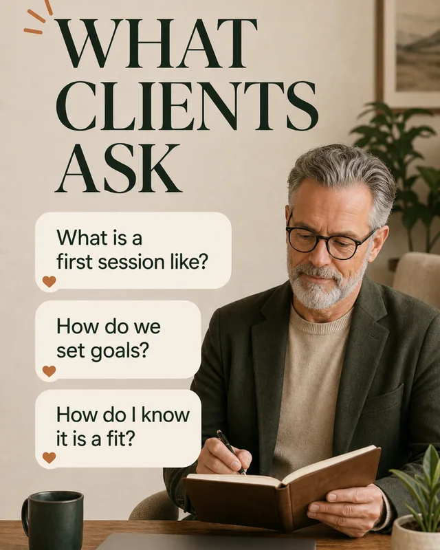 LinkedIn graphic reading “WHAT CLIENTS ASK” over a mature man with glasses and a beard writing in a notebook at his desk