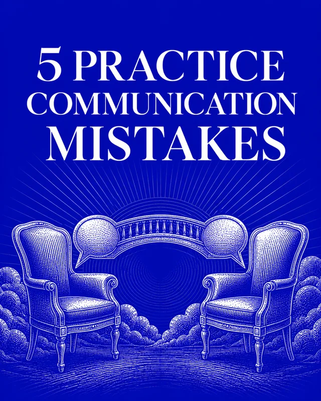 LinkedIn graphic reading “5 PRACTICE
COMMUNICATION
MISTAKES” over two vintage armchairs connected by a bridge illustration