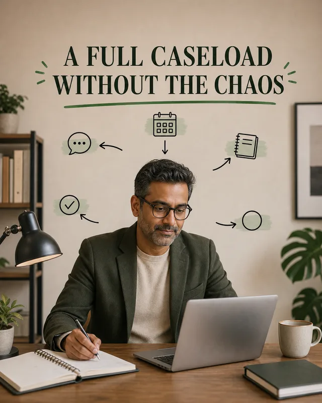 LinkedIn graphic reading “A FULL CASELOAD WITHOUT THE CHAOS” over a man in glasses working at a desk with a laptop and notebook surrounded by workflow icons