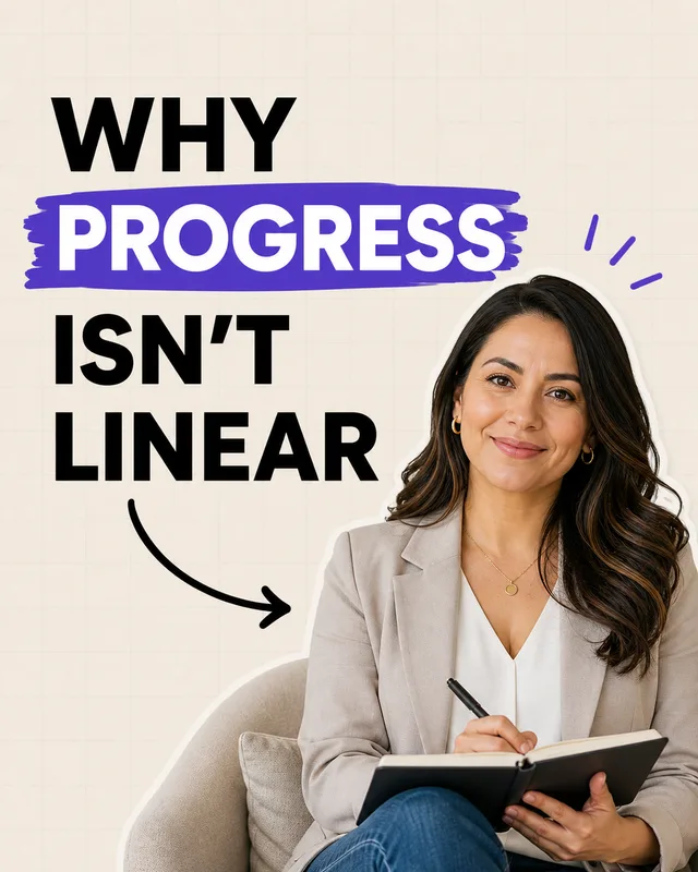 LinkedIn graphic reading “WHY PROGRESS ISN'T LINEAR” over a woman in a blazer sitting in a chair writing in a notebook