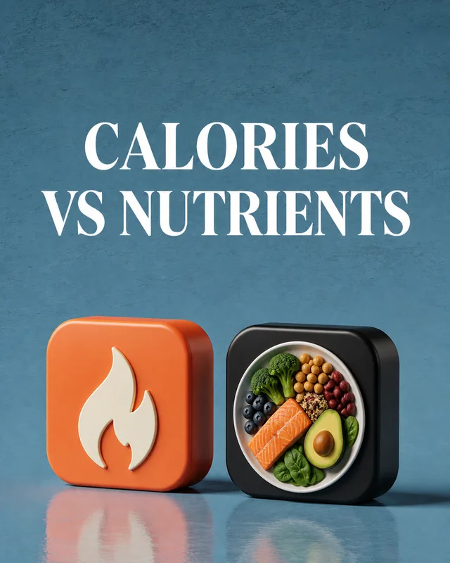 LinkedIn graphic reading “CALORIES
VS NUTRIENTS” over two 3D app-style square tiles representing calories with a flame and nutrients with a healthy food bowl