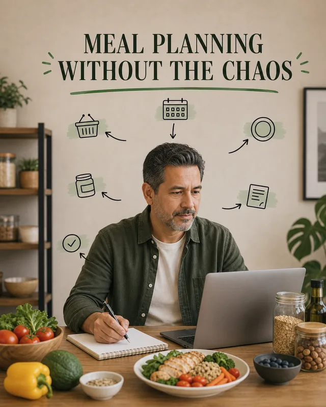 LinkedIn graphic reading “MEAL PLANNING WITHOUT THE CHAOS” over a man planning meals with a laptop and fresh food on a kitchen table