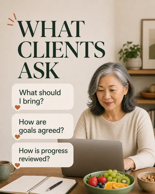 LinkedIn graphic reading “WHAT CLIENTS ASK” over a mature Asian woman working on a laptop at a wooden table