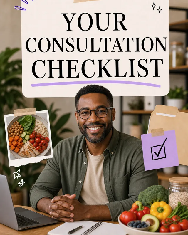 LinkedIn graphic reading “YOUR
CONSULTATION
CHECKLIST” over a smiling man with glasses sitting at a desk with fresh produce and a laptop
