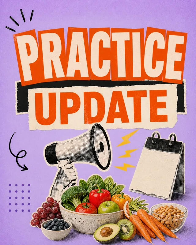LinkedIn graphic reading “PRACTICE UPDATE” over a bowl of fresh produce with a halftone megaphone and desk calendar