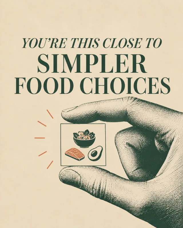 LinkedIn graphic reading “SIMPLER FOOD CHOICES” over an engraved hand pinching a small square card with food icons