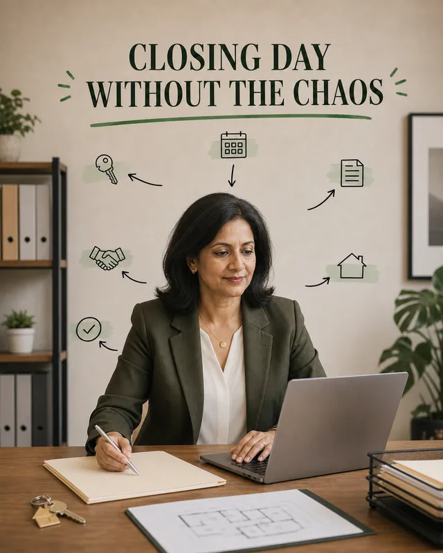 LinkedIn graphic reading “CLOSING DAY WITHOUT THE CHAOS” over a woman in an olive blazer sitting at a wooden office desk with a laptop