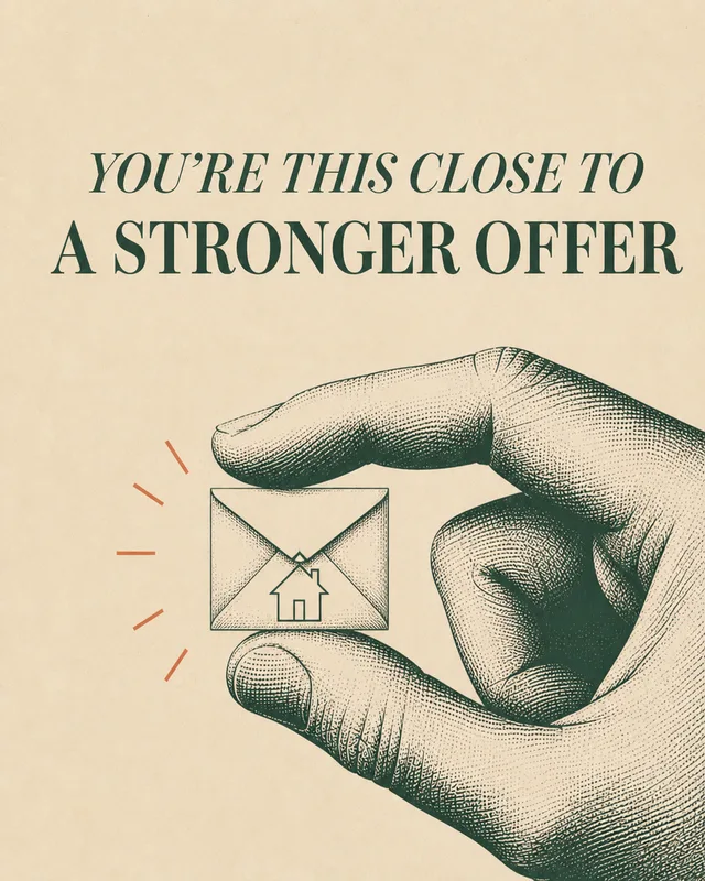 LinkedIn graphic reading “YOU’RE THIS CLOSE TO
A STRONGER OFFER” over an engraved hand pinching a tiny envelope with a house icon