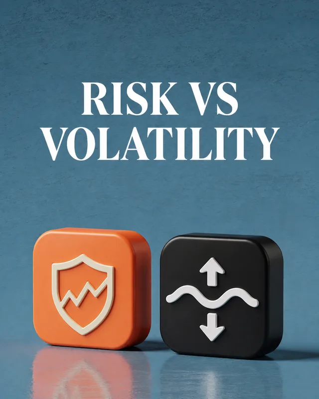 LinkedIn graphic reading “RISK VS
VOLATILITY” over two 3D rounded square icon tiles representing risk and volatility
