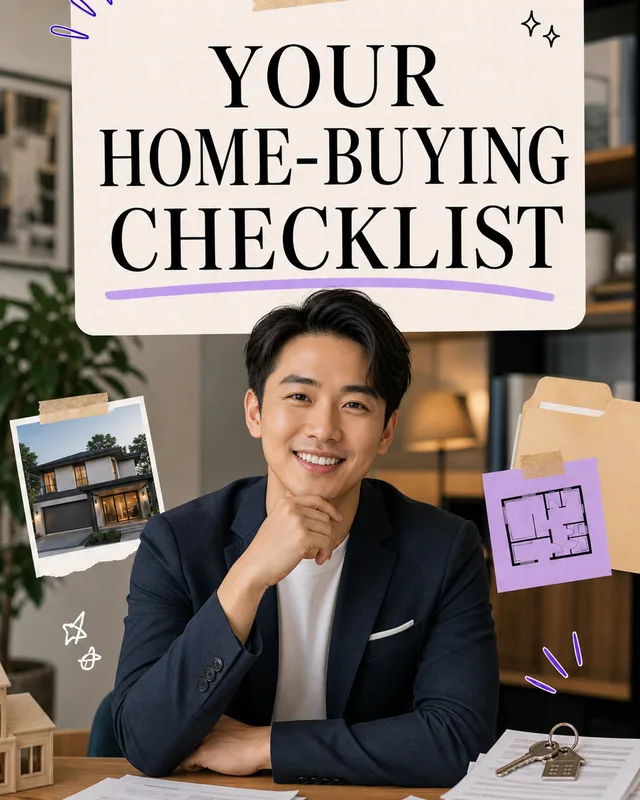 LinkedIn graphic reading “YOUR
HOME-BUYING
CHECKLIST” over a smiling man in a navy blazer seated at an office desk