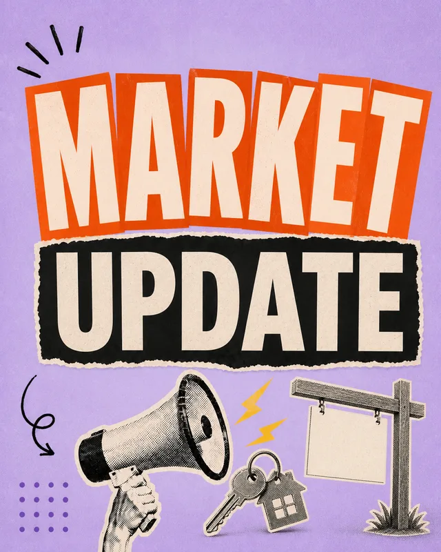 LinkedIn graphic reading “MARKET UPDATE” over halftone cutouts of a hand holding a megaphone, house keys, and a blank real estate sign