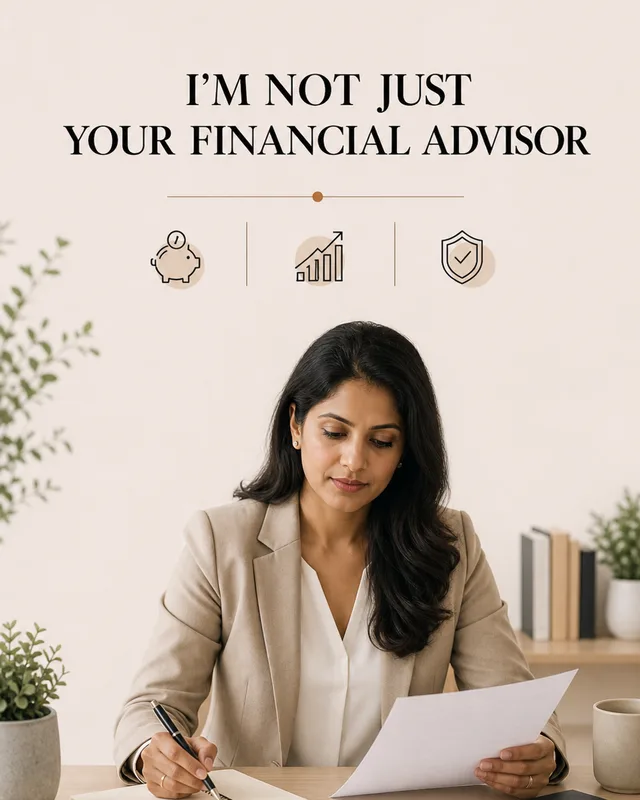 LinkedIn graphic reading “I'M NOT JUST YOUR FINANCIAL ADVISOR” over a woman in a beige blazer sitting at a desk reviewing documents