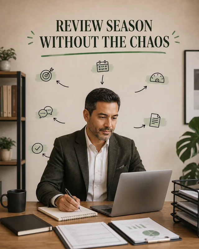 LinkedIn graphic reading “REVIEW SEASON WITHOUT THE CHAOS” over a man in a dark blazer working at a wooden desk with a laptop and notebook