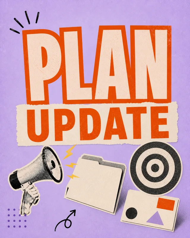 LinkedIn graphic reading “PLAN UPDATE” over paper cutout collage of a megaphone, folder, and target