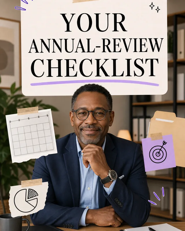 LinkedIn graphic reading “YOUR ANNUAL-REVIEW CHECKLIST” over a mature professional man in a navy suit and glasses sitting at an office desk
