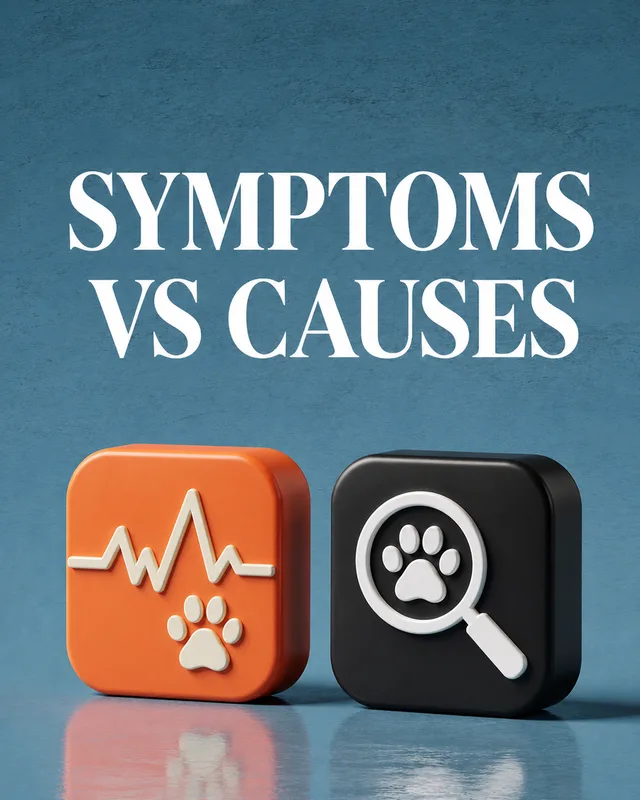 LinkedIn graphic reading “SYMPTOMS
VS CAUSES” over two 3D icon blocks showing a pet heartbeat and a paw print under a magnifying glass