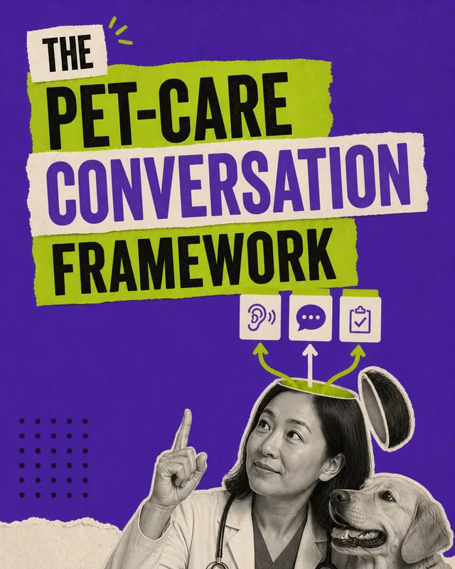 LinkedIn graphic reading “CONVERSATION” over a female veterinarian with a dog and communication icons popping out of her open head