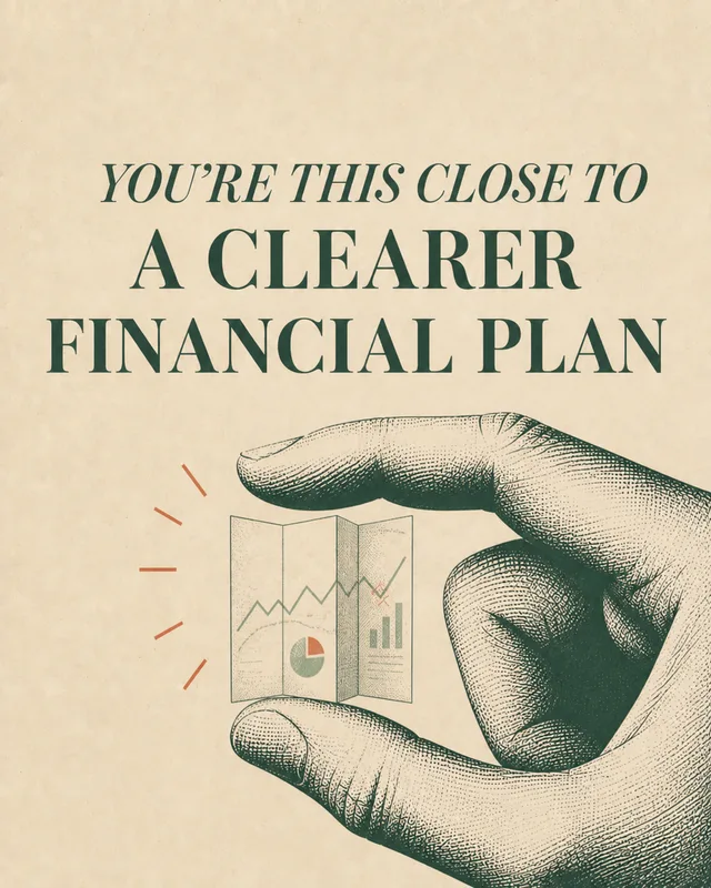 LinkedIn graphic reading “YOU'RE THIS CLOSE TO
A CLEARER
FINANCIAL PLAN” over an engraved hand pinching a miniature folded financial chart