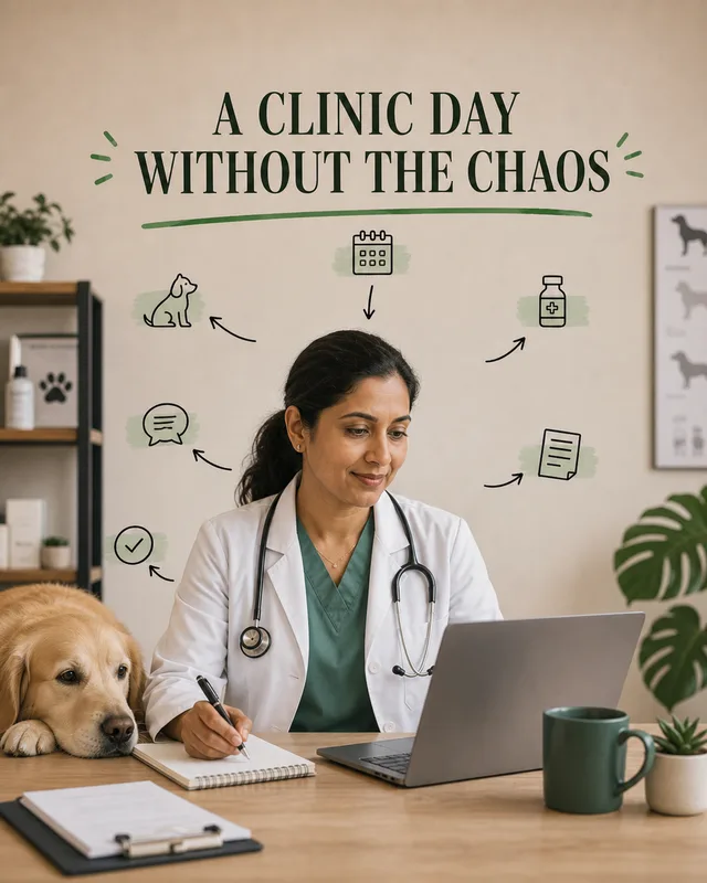 LinkedIn graphic reading “A CLINIC DAY
WITHOUT THE CHAOS” over a female veterinarian working at a desk on a laptop with a golden retriever resting beside her