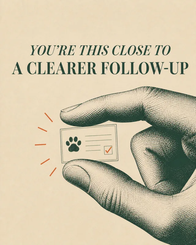 LinkedIn graphic reading “YOU'RE THIS CLOSE TO A CLEARER FOLLOW-UP” over an engraved hand holding a tiny card between its thumb and forefinger