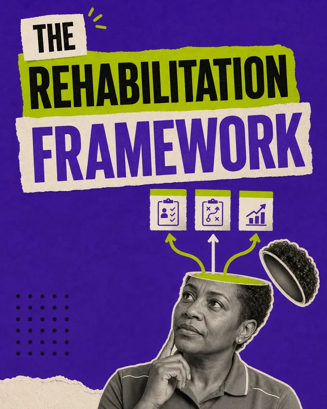 LinkedIn graphic reading “THE REHABILITATION FRAMEWORK” over a woman looking thoughtful with an open head and ideas sprouting out