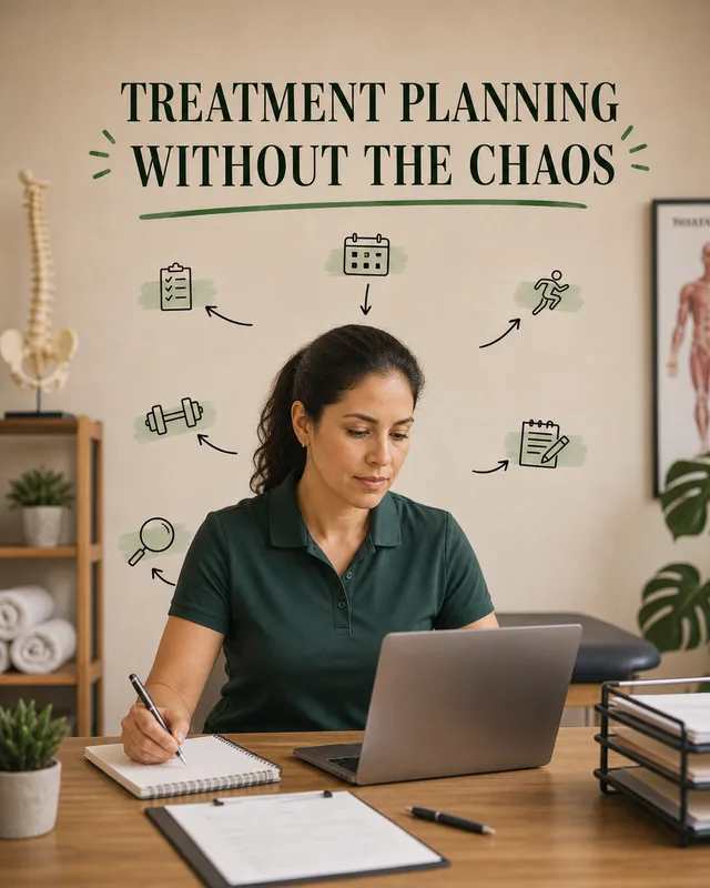 LinkedIn graphic reading “TREATMENT PLANNING
WITHOUT THE CHAOS” over a female healthcare professional working at a desk with a laptop and floating process icons
