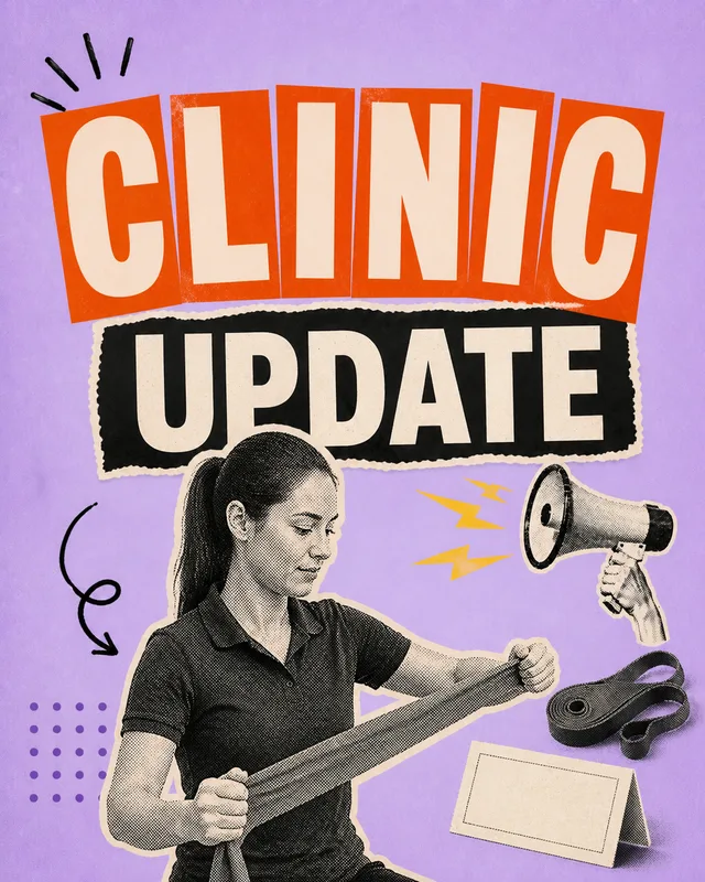 LinkedIn graphic reading “CLINIC UPDATE” over a physical therapist holding a resistance band