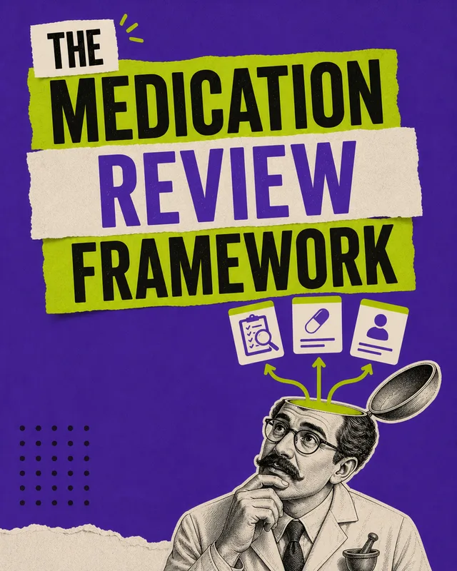 LinkedIn graphic reading “THE MEDICATION REVIEW FRAMEWORK” over a vintage engraved doctor with his skull opened up and medical icons popping out