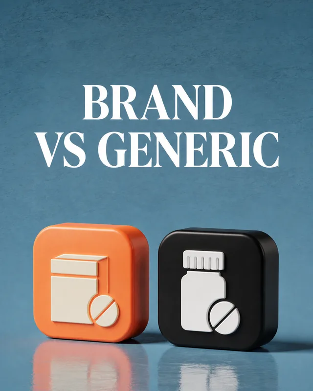 LinkedIn graphic reading “BRAND
VS GENERIC” over two 3D rounded square icon blocks displaying embossed medicine box and pill bottle icons
