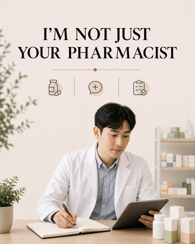 LinkedIn graphic reading “I’M NOT JUST YOUR PHARMACIST” over a male pharmacist in a white lab coat sitting at a wooden desk with a tablet and notebook