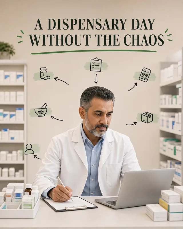 LinkedIn graphic reading “A DISPENSARY DAY WITHOUT THE CHAOS” over a male pharmacist in a white coat working at a desk with a laptop and clipboard