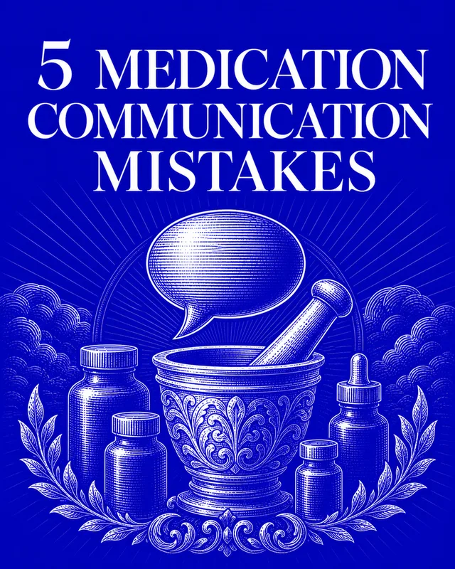 LinkedIn graphic reading “5 MEDICATION COMMUNICATION MISTAKES” over an engraved mortar and pestle with medicine bottles and a speech bubble
