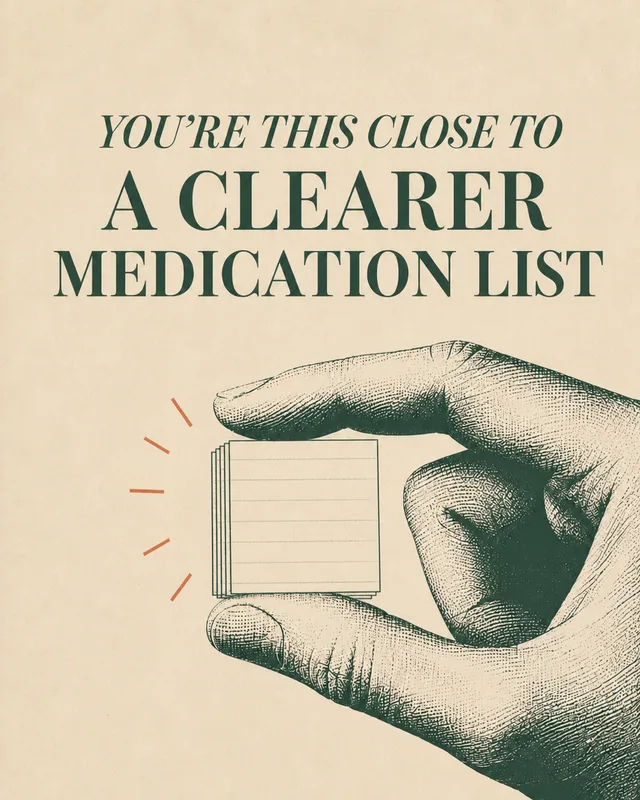 LinkedIn graphic reading “YOU’RE THIS CLOSE TO A CLEARER MEDICATION LIST” over an engraved hand pinching a small stack of note cards