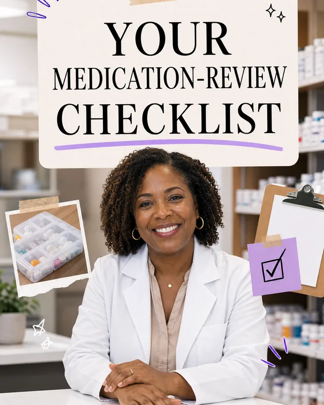 LinkedIn graphic reading “YOUR MEDICATION-REVIEW CHECKLIST” over a smiling female pharmacist in a white lab coat sitting at a pharmacy counter