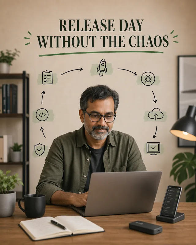 LinkedIn graphic reading “RELEASE DAY
WITHOUT THE CHAOS” over a man with glasses working on a laptop at a wooden desk