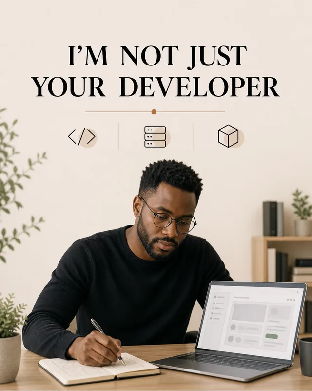 LinkedIn graphic reading “I'M NOT JUST YOUR DEVELOPER” over a man with glasses sketching in a notebook next to an open laptop