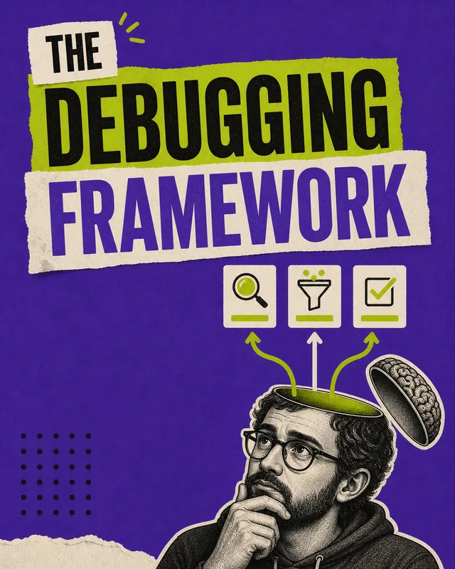LinkedIn graphic reading “THE DEBUGGING FRAMEWORK” over an engraved illustration of a thinking man in glasses with his head open and process arrows emerging