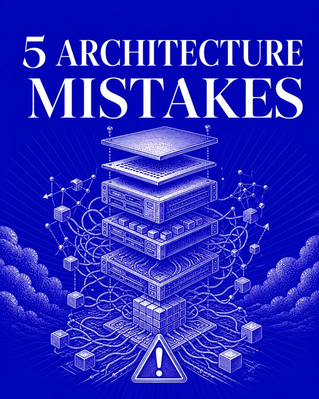 LinkedIn graphic reading “5 ARCHITECTURE MISTAKES” over an exploded diagram engraving of a layered computer server stack with cables and a warning symbol