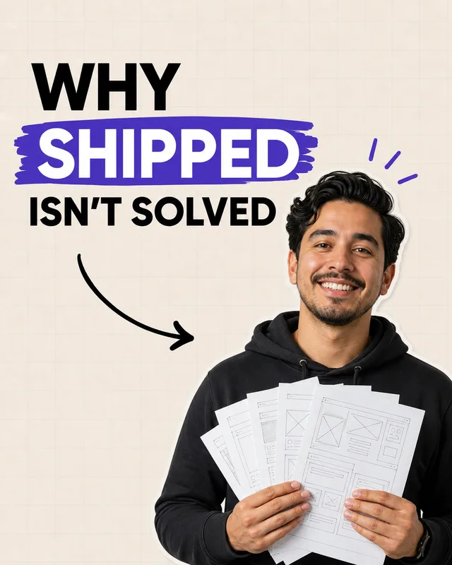 LinkedIn graphic reading “WHY SHIPPED ISN'T SOLVED” over a smiling man in a black hoodie holding wireframe sketches
