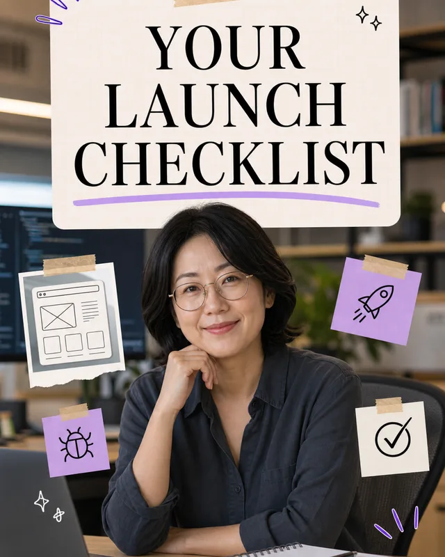 LinkedIn graphic reading “YOUR
LAUNCH
CHECKLIST” over a smiling woman with glasses sitting at an office desk