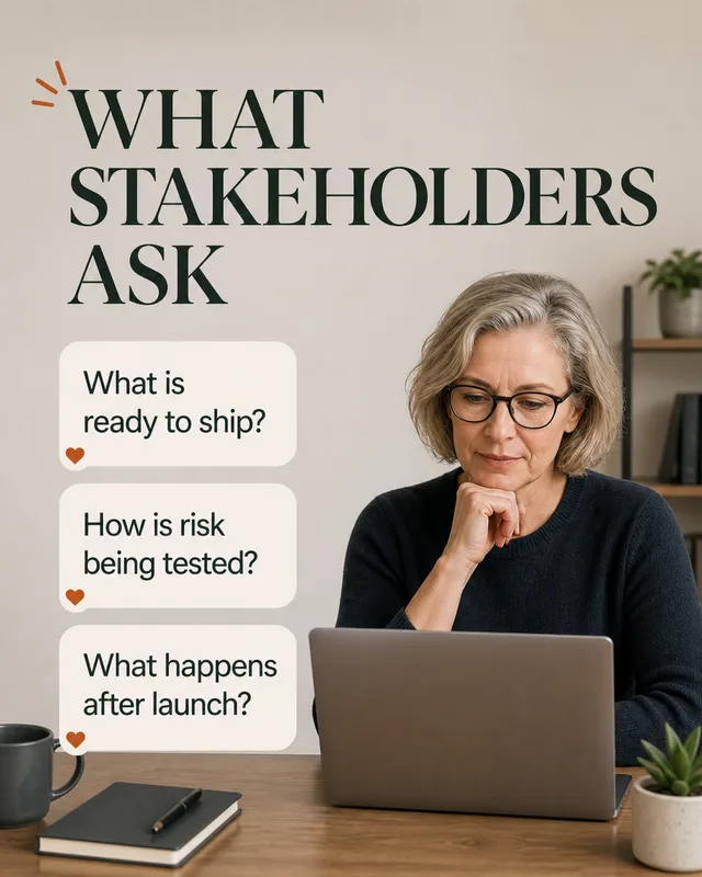 LinkedIn graphic reading “WHAT STAKEHOLDERS ASK” over a mature woman with glasses looking thoughtfully at her laptop