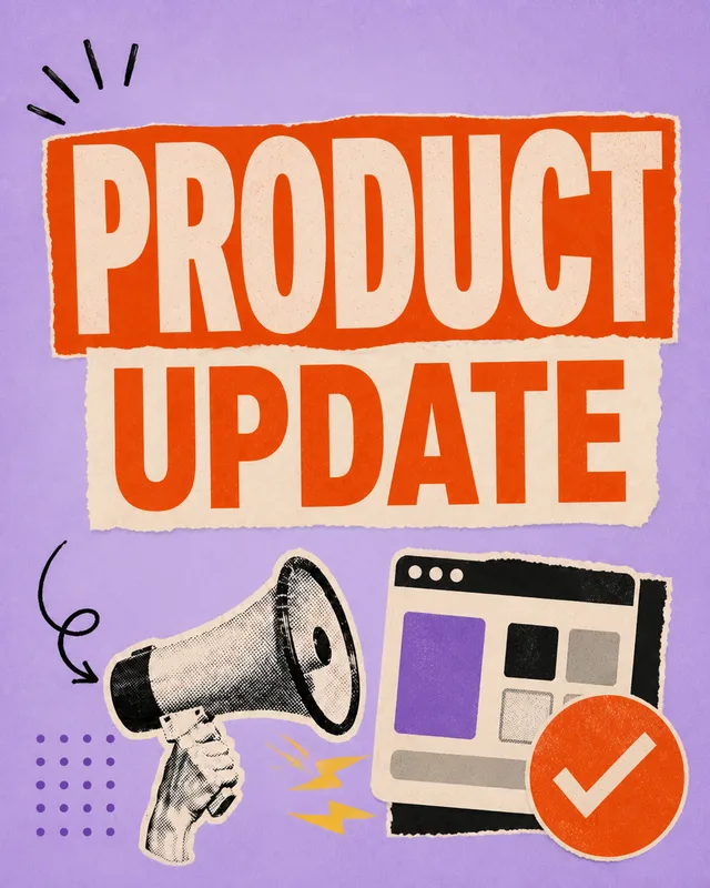 LinkedIn graphic reading “PRODUCT UPDATE” over a vintage halftone megaphone and a paper cutout app window