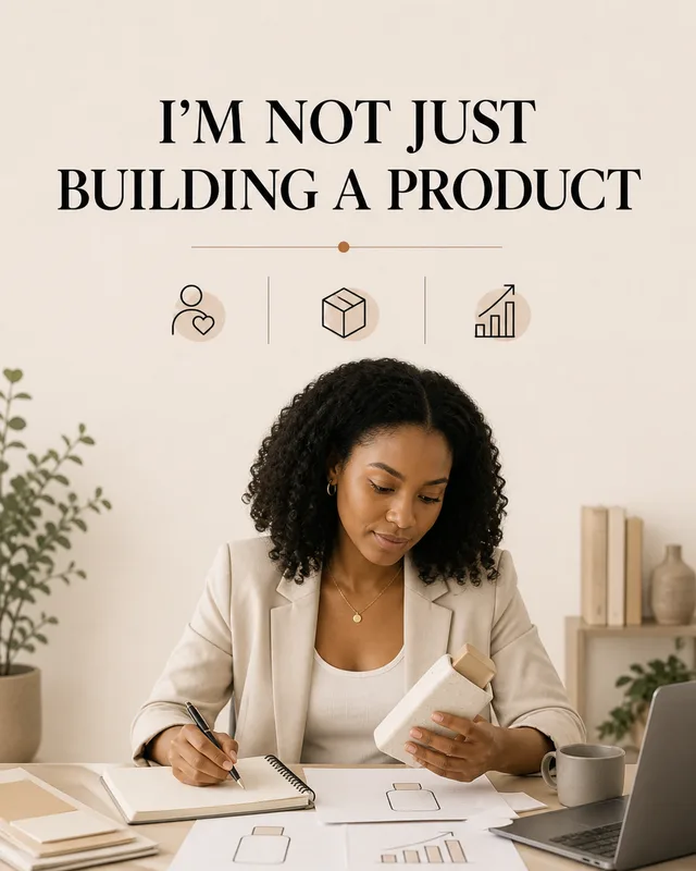 LinkedIn graphic reading “I’M NOT JUST BUILDING A PRODUCT” over a woman founder examining a prototype package at her desk