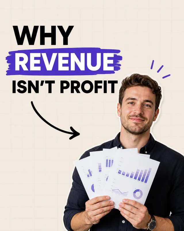 LinkedIn graphic reading “WHY REVENUE ISN'T PROFIT” over a smiling man holding printed financial charts