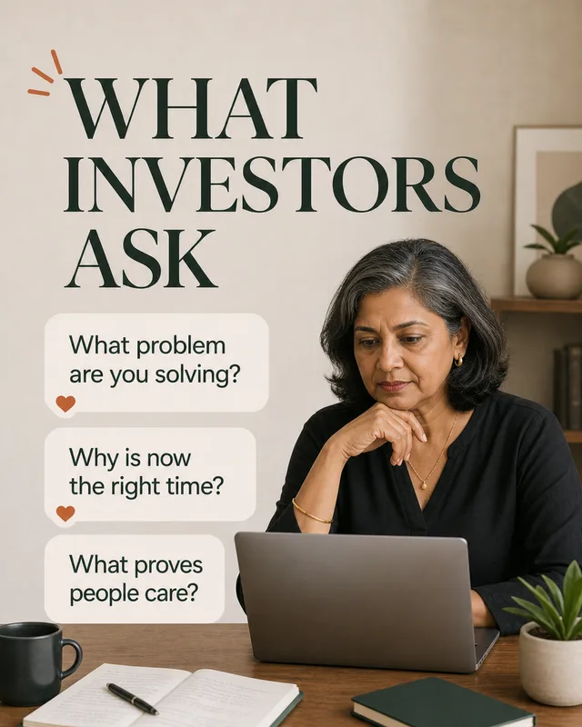 LinkedIn graphic reading “WHAT INVESTORS ASK” over a middle-aged woman sitting at a desk with a laptop