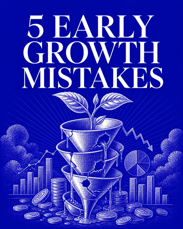 LinkedIn graphic reading “5 EARLY
GROWTH
MISTAKES” over an engraved illustration of a leaking funnel with a sprouting plant and coins