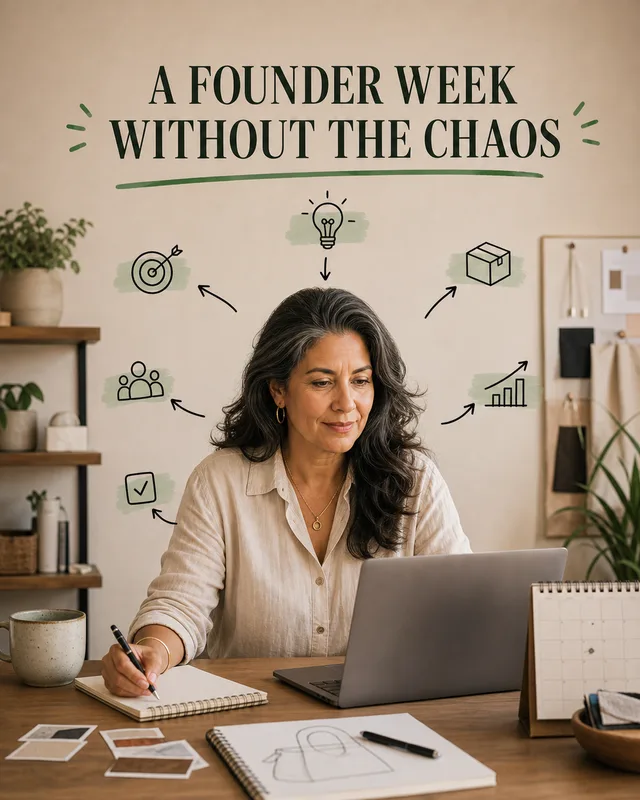 LinkedIn graphic reading “A FOUNDER WEEK
WITHOUT THE CHAOS” over a female founder working at a desk with a laptop and notebook, surrounded by illustrated mind-map icons